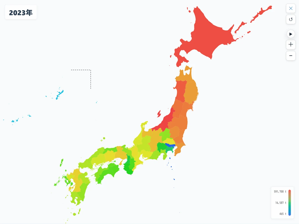 米収穫量を実数基準で表示した都道府県地図